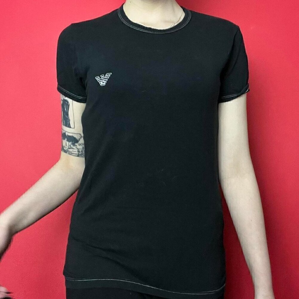Black Armani tee shirt with white graphics and writing on front and back